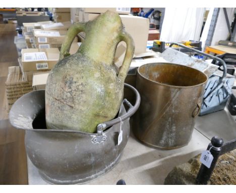 Copper coal helmet, metal log bucket and classical style terracotta garden ornament