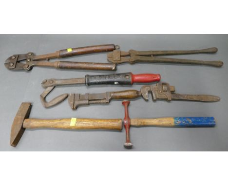 Vintage Bahco no38 nail puller, 2 vintage bolt cutters, 2 vintage wrenches, planishing hammer and metal working hammer.