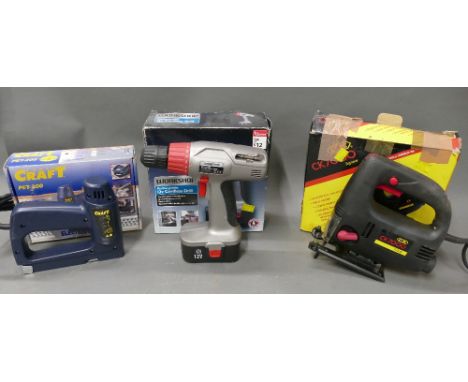 Powercraft PET-200 electric stapler, CK CK7000 jigsaw and Workshop coredless drill (no charger).
