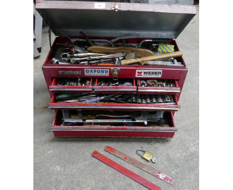 Stack-On 5 drawer tool chest containing various tools, lockable with padlock and key.