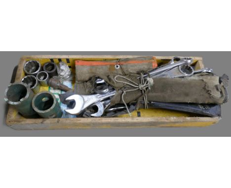 Box of mechanics tools including large spanners, sockets etc.