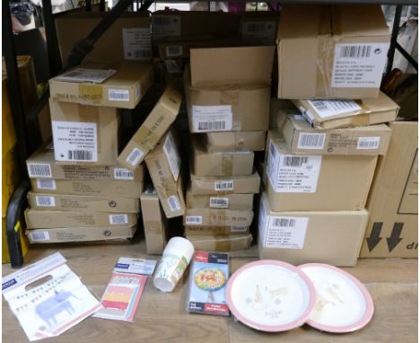 Large quantity of boxed party ware, paper plates, plastic cups, party bags, invitations, etc