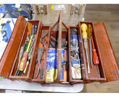 Metal cantilever toolbox containing screwdrivers, pliers, alan keys etc