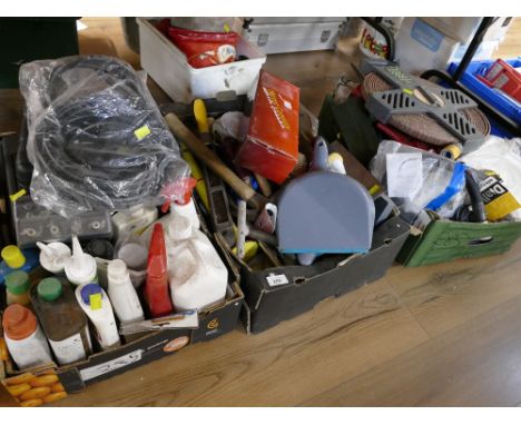 Three boxes of hose on reel, DIY equipment, hand tools etc