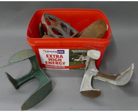 Selection of cast shoe lasts, coffin plane, iron stand etc.