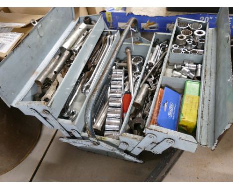 Metal cantilever toolbox containing socket sets and spanners 