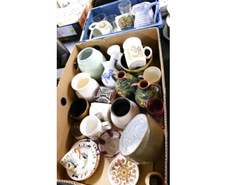 Two boxes of ceramics and glassware, commemorative mugs, teacups, Studio Pottery etc