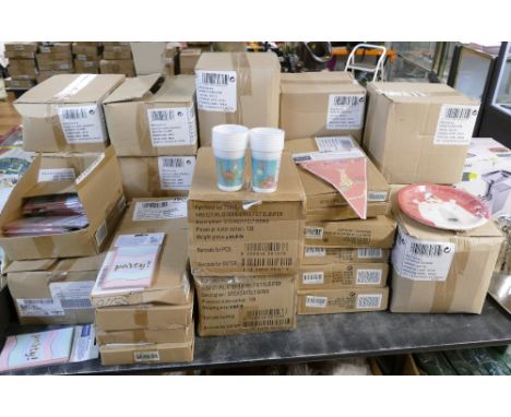 Large quantity of boxed party ware, paper plates, plastic cups, sticky felt bows, invitations etc