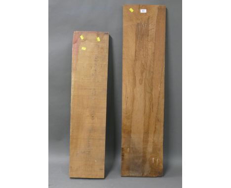Brown Oak plank measuring 29cm wide, 3cm thick, 116cm long and Oak plank with part live edge measuring 24cm wide, 5cm thick, 