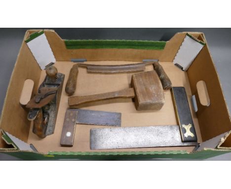 Antique primitive draw knife, wooden mallet, Record no4 plane and 2 wood &amp; brass set squares.