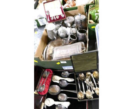 Box of plated ware tea sets, trays, serving dishes, cutlery etc