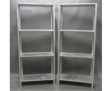 Pair of lightweight galvanised 3 shelf upright shelving, measuring approx 60cm wide, 27cm deep, 140cm high.
