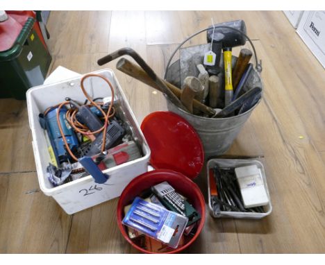 Galvanised bucket and tub of hand tools, drill bits, mallet etc&nbsp;(Hot air gun WITHDRAWN)