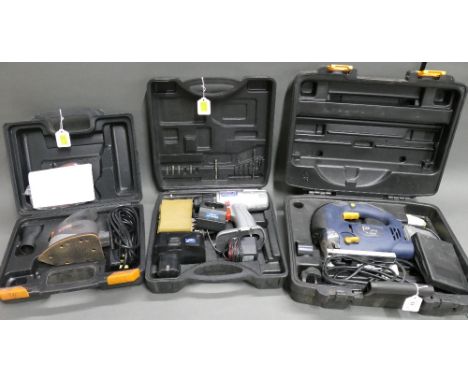 Supatool cordless drill with cattery and charger, Performance Power Pro jigsaw and Challange Xtreme palm sander.