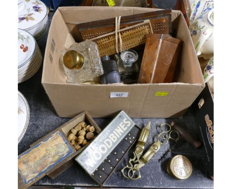 Copper Arts &amp; Crafts style lidded pot, cribbage boards, dominoes, chess pieces, inkwells, brassware etc