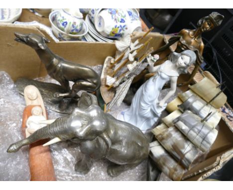 Box of figurines and ornaments, horn carved ship, metal elephant ornament, female figurines etc