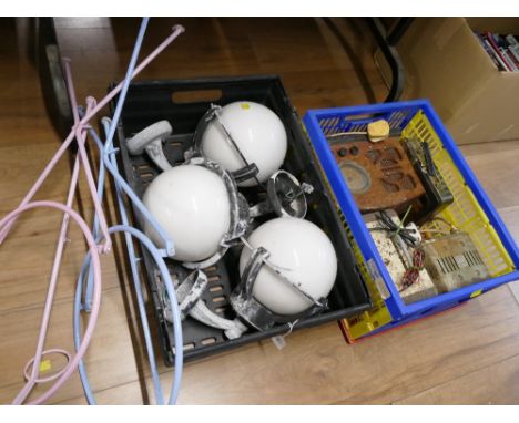 Three Art Deco style globe shaped light fittings,(vintage radio, battery charger WITHDRAWN) , pink and blue metal folding tab