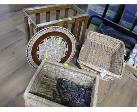 Homemade magazine rack, marquetry wall plaque, two wicker baskets containing stair rod clamps