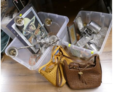 Two boxes of chandelier style light fittings, western poster, ladies handbags, ornaments and glassware etc