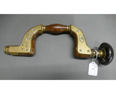 A Victorian William Marples &amp; Co brass and wood Hibernia Works framed brace. Engraved By Her Majesty's Royal Letters Pate