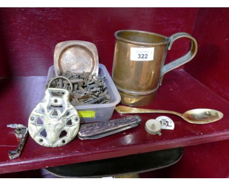 Copper tankard, tub of furniture keys, penknife. This bladed product is not for sale to people under the age of 18.  By biddi