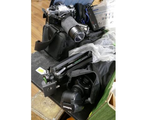 Bag of vintage cameras and accessories, Canon AE1, Miranda Titan 404 tripod, Hahnel tripod etc