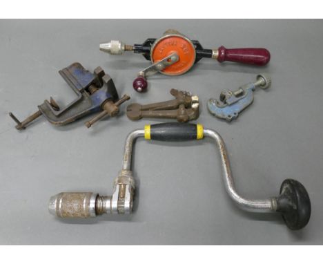 Vintage Stanley 803 hand drill, Stanley brace drill, small 2 1/2" bench vice, hand vice and Enox tube cutter.