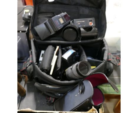 Camera case and quantity of vintage camera equipment, Tamron 62 300 mm lens, flashes, filters etc