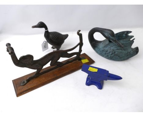 Miniature Record Anvil, bronze duck, bronze goose planter and monkey wall mounted hanger