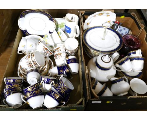 Two boxes of part tea sets, CWS Cobalt blue and gilt cups and saucers, Colclough, Royale and Royal Doulton Stanwyck
