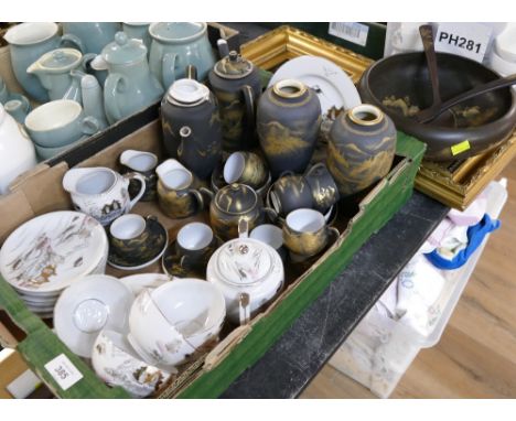 Large quantity of Oriental eggshell ceramics, painted lacquered wooden bowl, salad servers etc