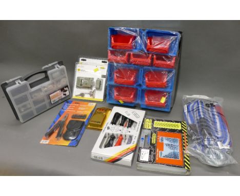 Selection of packaged tools &amp; equipment that include tow rope, night latch locks, organizers etc.