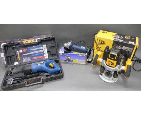 JCB 1500w router, Workzone reciprocating saw and Power Craft angle grinder.