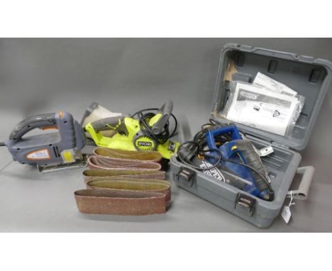 Ryobi belt sander with 9 sanding belts, Draper Expert planer and Challenge Xtreme jigsaw.