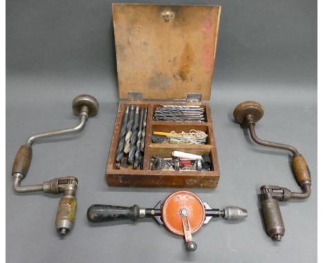 Stanley 103 hand drill, 2 brace drills and quantity of drill bits.