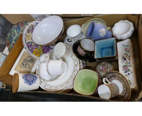 Box of ceramics, Wedgwood Cleo, Jasperware, tea cups and saucers etc