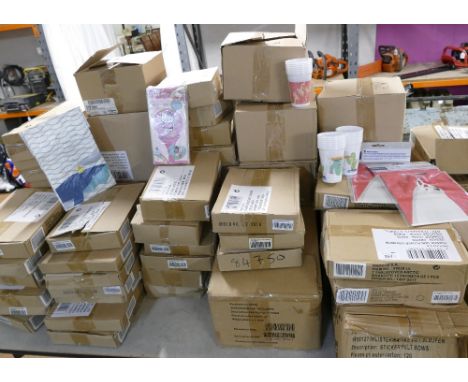 Large quantity of boxed party wear. table covers, paper plates, plastic cups, party bags etc
