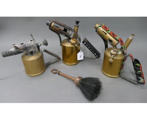 Vintage Monitor 43A blowlamp, vintage Monitor 26 blow lamp, unbranded blow lamp and brass fireside brush.