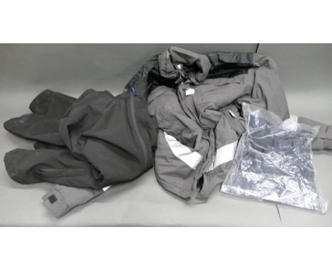 Outdoor work jacket with reflective strips size L, soft shell jacket size 2XL, and polo shirt size L.