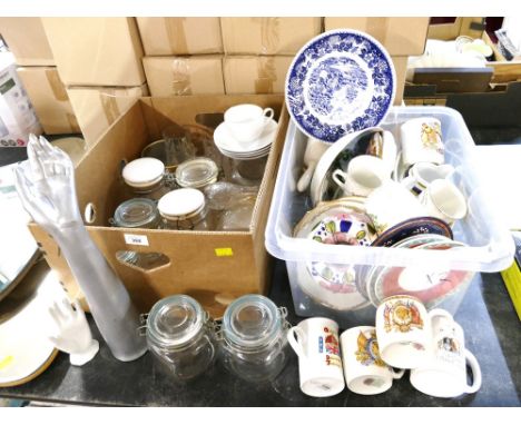 Two boxes of glass kitchen storage jars, commemorative ware, ceramics, jewellery hand form display stands etc