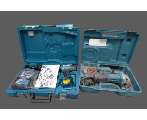 Makita 9557NB angle grinder and Makita DHP cordless hammer drill with charger (no batteries). 