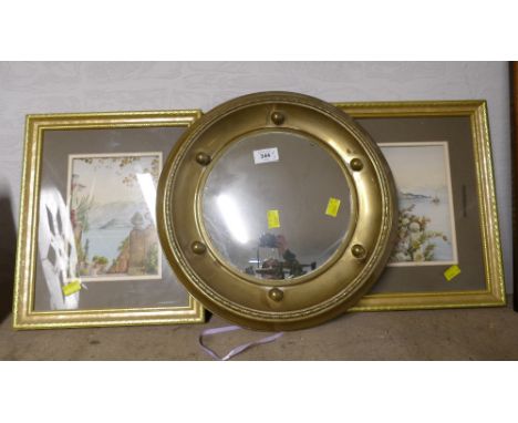 Brass edged convex mirror, 38 cm diameter, and pair of Continental scene prints