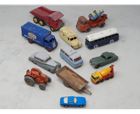 Ten play worn Dinky Toys including Guy 'Ever Ready' Lorry, No.157 Jaguar, Rolls Royce Silver Wraith, Field Marshall Tractor a