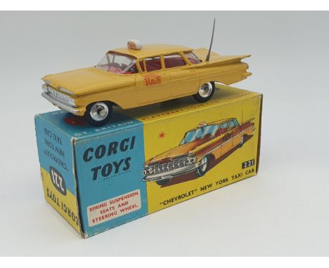 A boxed Corgi Toys No.221 Chevrolet New York Taxi Cab with club leaflet and packing, Nr M-M, box Ex 