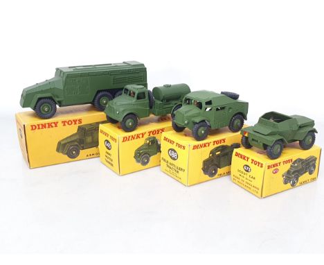 Four boxed Dinky Toys military Vehicles including No.643 Army Water Tanker, No.673 Scout Car with driver, No.677 Armoured Com