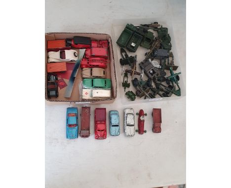 Two trays of play worn diecast models including Dinky Toys Vanguard, Ford Sedan, Fire Tender, Trojan 'Esso' Van, etc., Corgi 