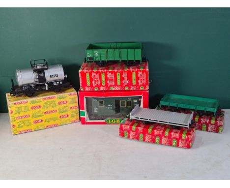 Five boxed L.G.B. G Gauge Wagons including 4021 Open Wagon, 2x 4010 Low-sided Wagons, 3019 Post Wagon and 4040 'Esso' Tanker 