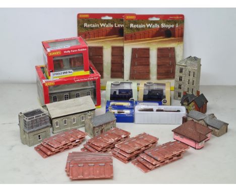 A quantity of N gauge Lineside Buildings, Accessories and Vehicles including Hornby Retain Walls and Sloped Walls, Holly Farm