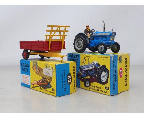 A boxed Corgi Toys No.64 Ford 5000 Super Major Tractor, Ex, box VG, and a boxed No.62 Farm Tipper Trailer (missing one rack),