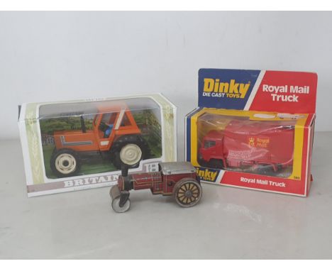 A boxed Britains 9528 Fiat Tractor, a boxed Dinky Toys 385 Royal Mail Truck and a tinplate Steam Roller 